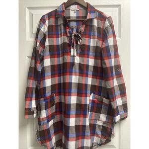 Jodifl Womens M Flannel Shirt Dress Long Sleeve Plaid Button Stretch V Neck Tie